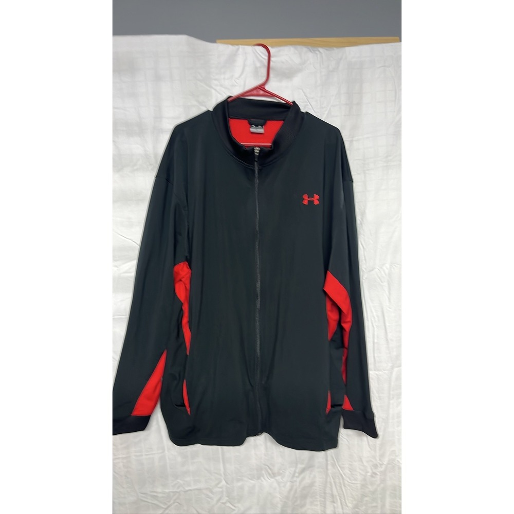 Under Armour Mens XXL Full Zip Track Jacket Black Red Athletic Logo